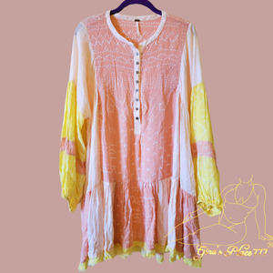 Free People Relaxed Long Sleeve Printed Bohemian Baby Doll Midi Pocket Dress L